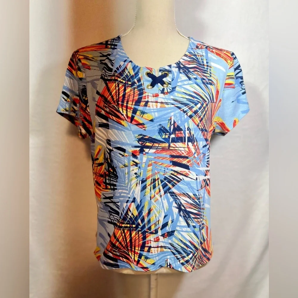 Rafaella Short Sleeve Top Size Petite Large Blue and Orange Graphic Design